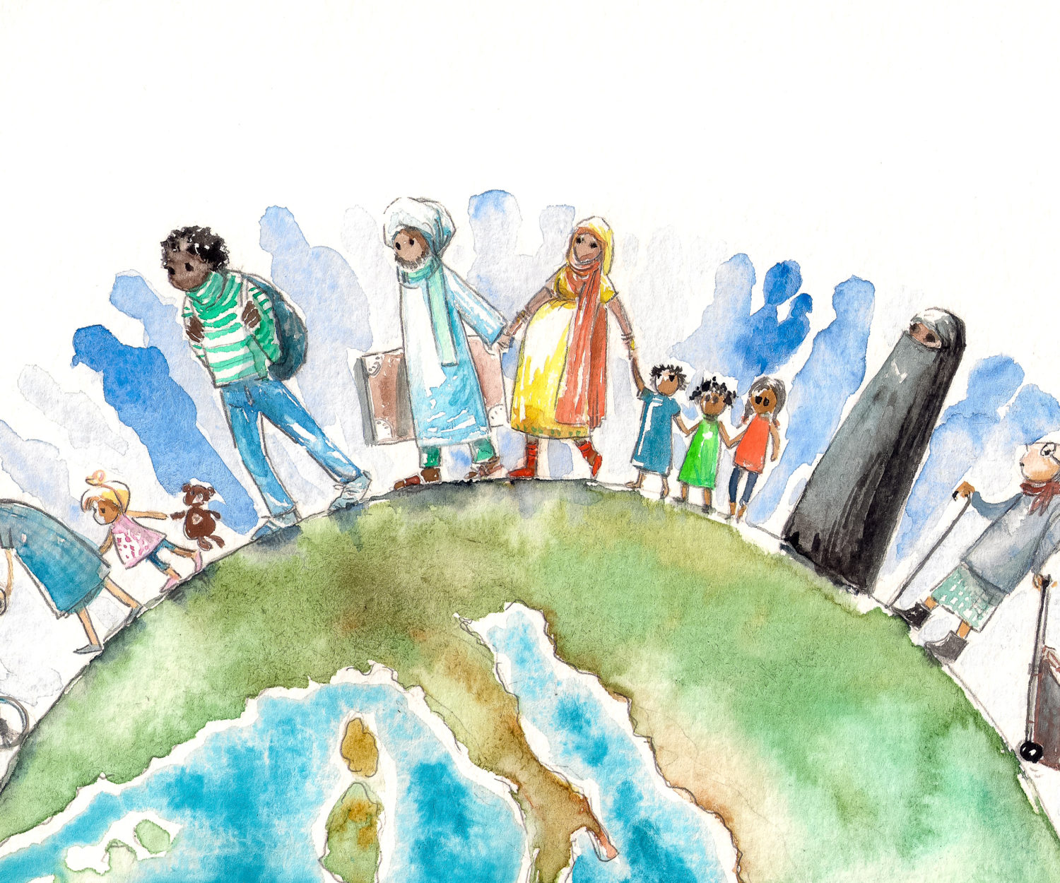 Illustration of people different nationalities going on a Earth.Picture created with watercolors