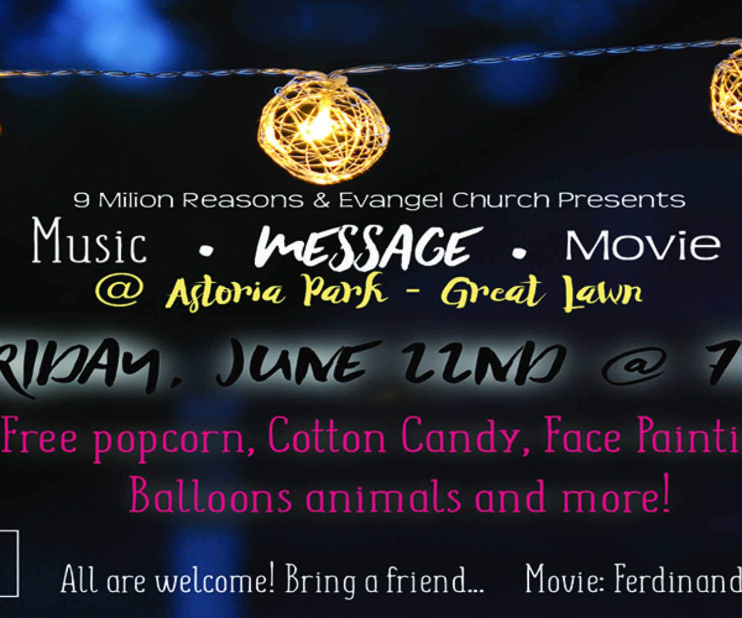 Illuminated lights strung up outside at night with copy space